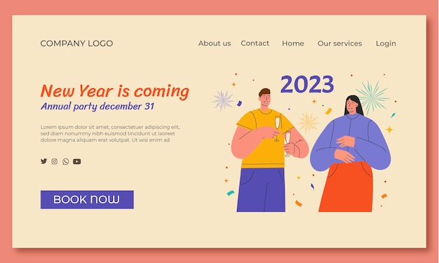 Plantilla plana de página de destino de año nuevo 2023