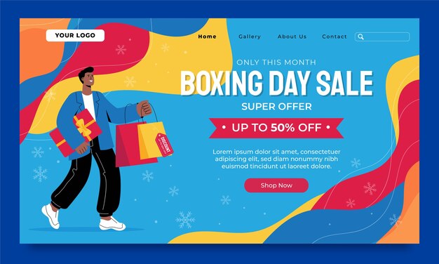 Plantilla plana de página de destino de compras y venta de boxing day