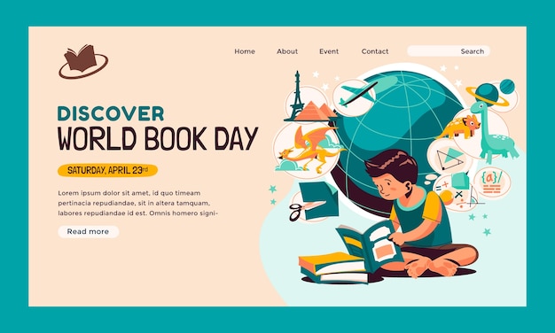 Plantilla plana de página de destino del día mundial del libro