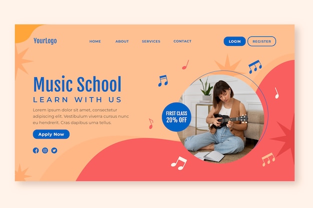 Vector gratuito plantilla plana de página de destino de educación musical y escuela