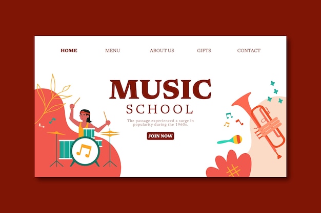 Vector gratuito plantilla plana de página de destino de educación musical y escuela