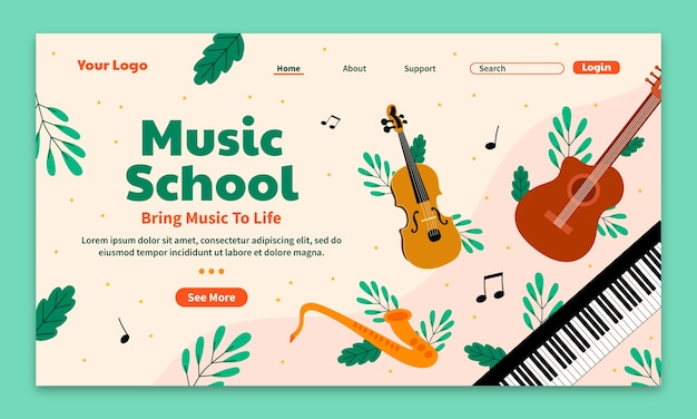 Plantilla plana de página de destino de educación musical y escuela