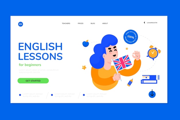 Plantilla plana de página de destino de lecciones de inglés