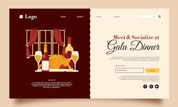 Vector gratuito plantilla plana de página de destino de lujo para cena de gala