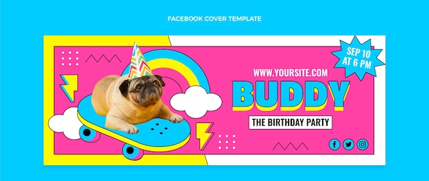 Plantilla plana de portada de redes sociales de cumpleaños nostálgico de los 90