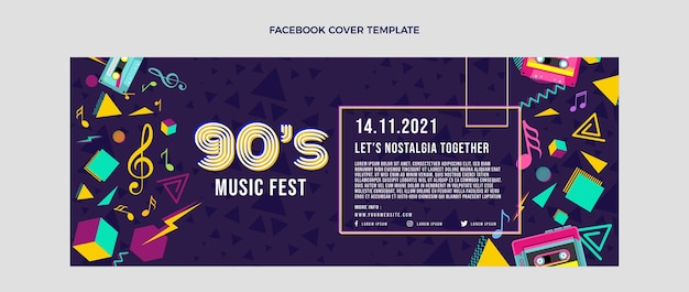 Plantilla plana de portada de redes sociales del festival de música nostálgica de los 90