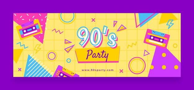 Plantilla plana de portada de redes sociales de fiesta de los 90