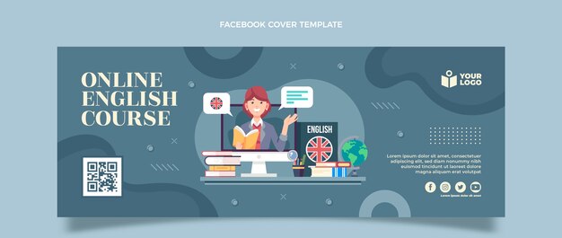 Plantilla plana de portada de redes sociales de lecciones de inglés