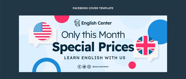 Plantilla plana de portada de redes sociales de lecciones de inglés