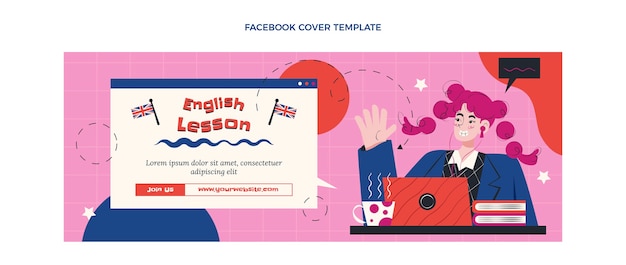 Vector gratuito plantilla plana de portada de redes sociales de lecciones de inglés