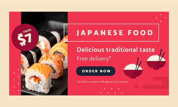 Plantilla plana de portada de redes sociales de restaurante japonés con comida tradicional