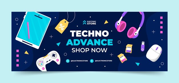 Plantilla plana de portada de redes sociales para una tienda de negocios de electrónica
