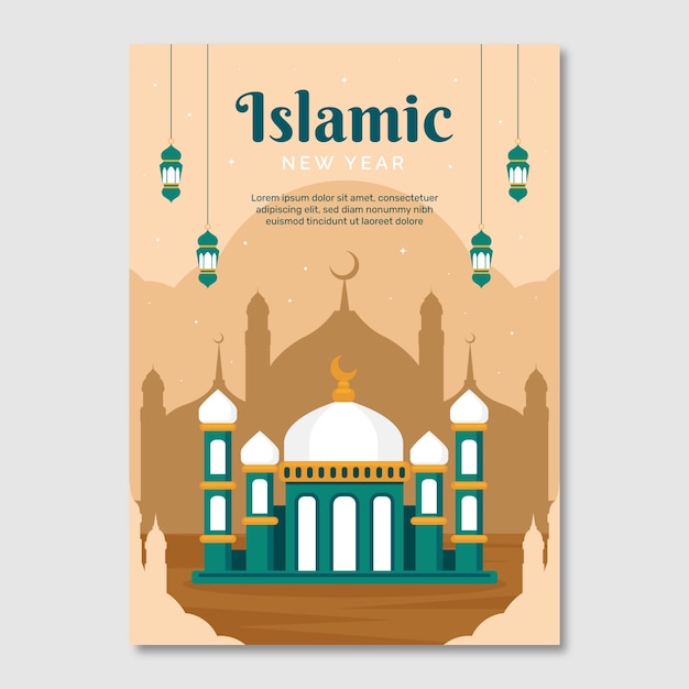 Vector gratuito plantilla plana de póster de año nuevo islámico con palacio y linternas