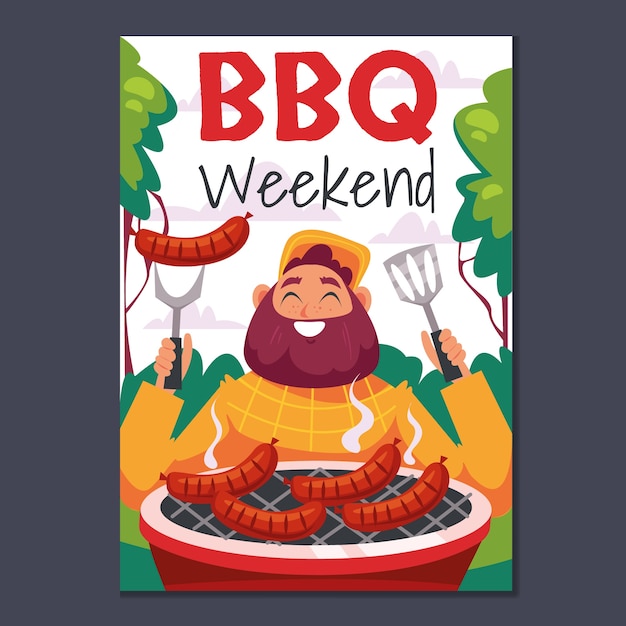 Plantilla plana de póster de barbacoa de verano con hombre barbudo y salchichas a la parrilla