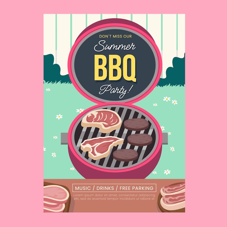 Vector gratuito plantilla plana de póster de barbacoa de verano con parrilla y comida