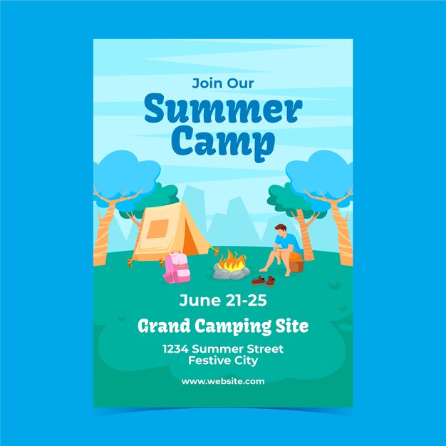 Plantilla plana de póster de campamento de verano para la temporada de verano