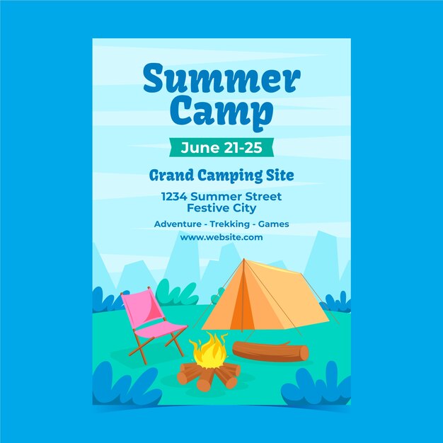 Plantilla plana de póster de campamento de verano para la temporada de verano