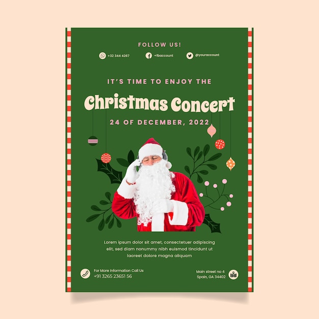 Vector gratuito plantilla plana de póster de concierto de navidad