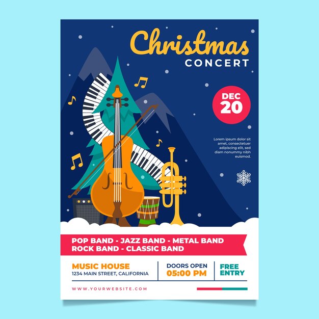 Plantilla plana de póster de concierto de temporada navideña