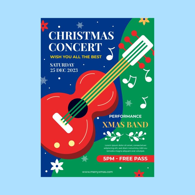 Plantilla plana de póster de concierto vertical de navidad