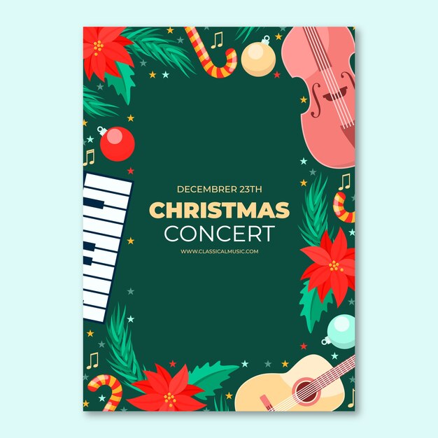 Plantilla plana de póster de concierto vertical de navidad