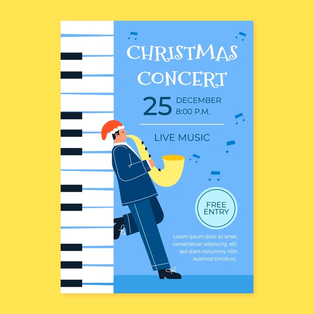 Plantilla plana de póster de concierto vertical de navidad