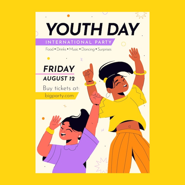 Vector gratuito plantilla plana de póster del día internacional de la juventud