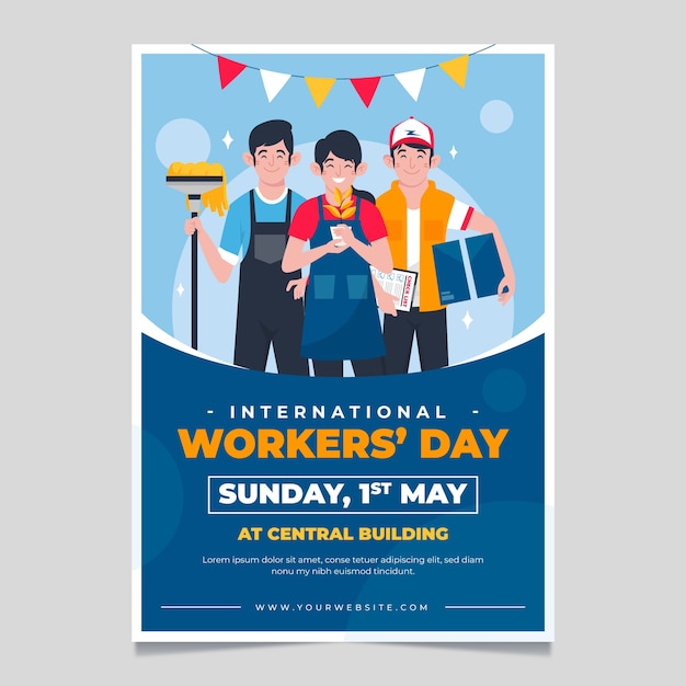 Vector gratuito plantilla plana de póster del día internacional del trabajador