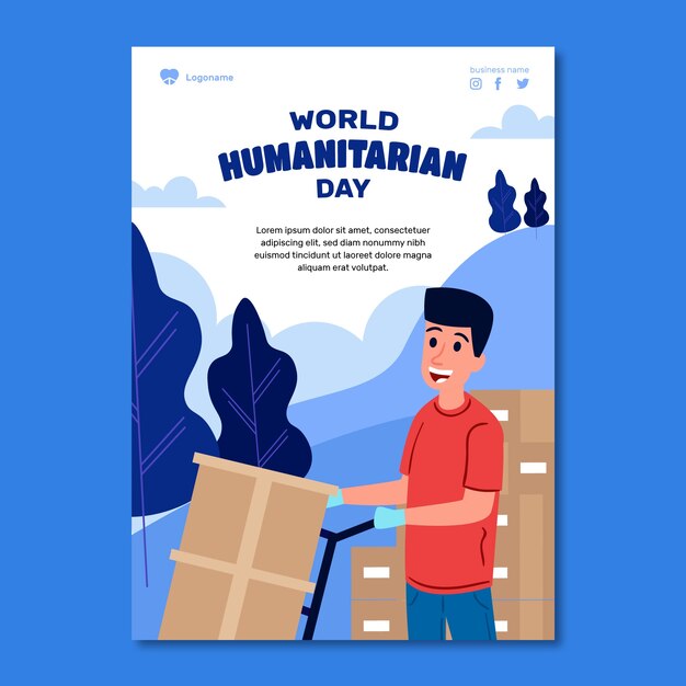 Vector gratuito plantilla plana de póster del día mundial humanitario con hombre manejando cajas