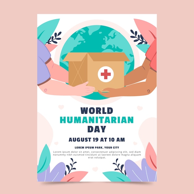 Vector gratuito plantilla plana de póster del día mundial humanitario con manos sosteniendo caja de ayuda