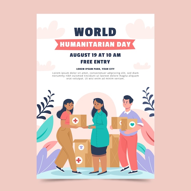 Vector gratuito plantilla plana de póster del día mundial humanitario con personas y cajas