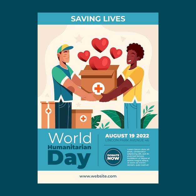 Vector gratuito plantilla plana de póster del día mundial humanitario con personas que llevan una caja