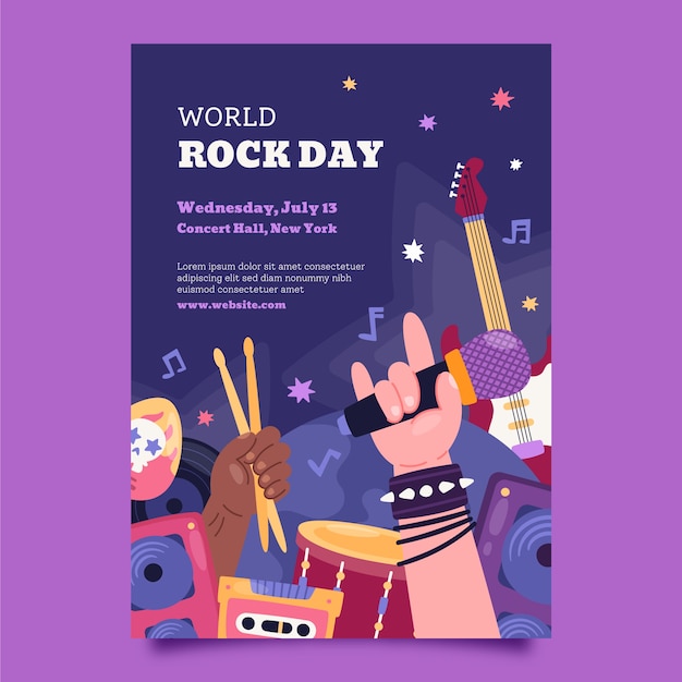 Vector gratuito plantilla plana de póster del día mundial del rock con banda en concierto
