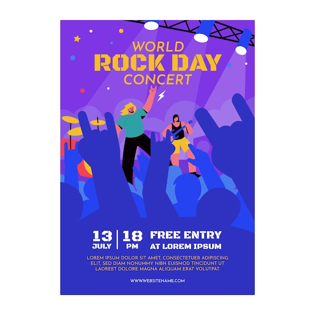 Plantilla plana de póster del día mundial del rock con concierto en vivo
