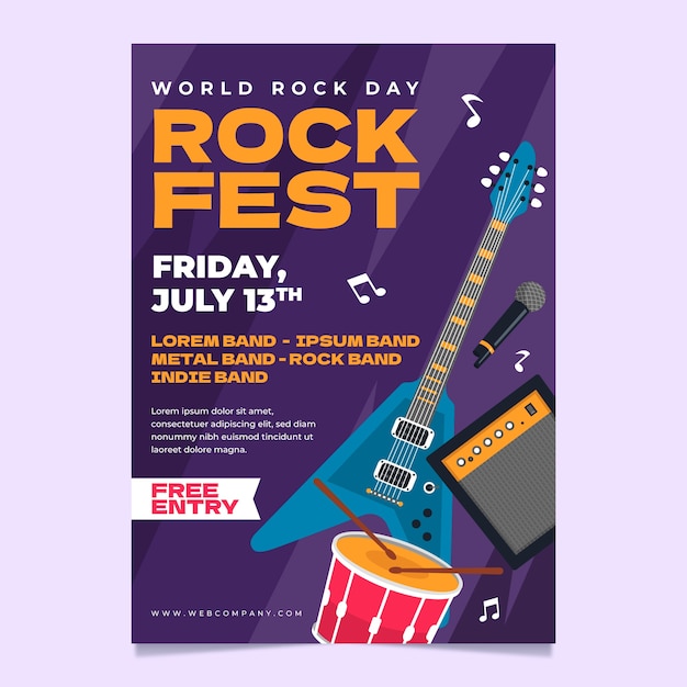 Vector gratuito plantilla plana de póster del día mundial del rock con guitarra y batería