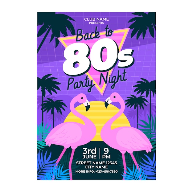 Vector gratuito plantilla plana de póster de fiesta de los 80 para la temporada de verano