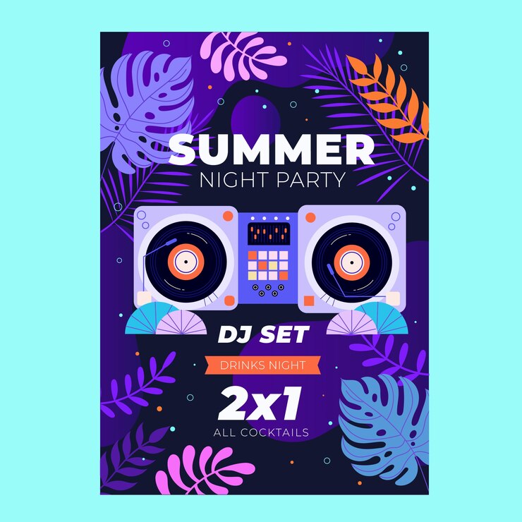 Vector gratuito plantilla plana de póster de fiesta de noche de verano con altavoces y hojas