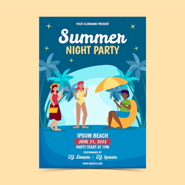 Vector gratuito plantilla plana de póster de fiesta de noche de verano con gente en la playa