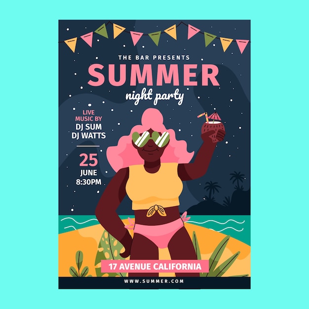 Vector gratuito plantilla plana de póster de fiesta nocturna de verano con mujer tomando un cóctel en la playa