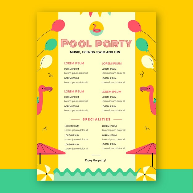 Vector gratuito plantilla plana de póster de fiesta en la piscina