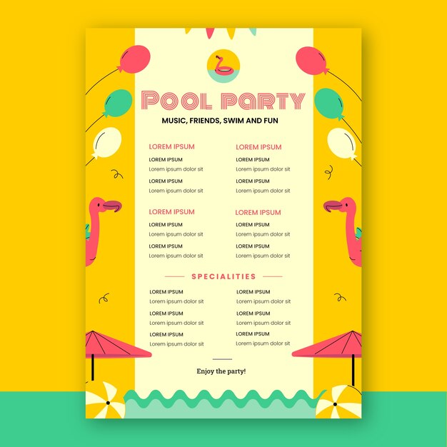 Plantilla plana de póster de fiesta en la piscina