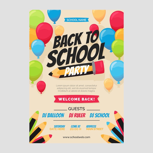 Plantilla plana de póster de fiesta de regreso a la escuela con globos y lápices