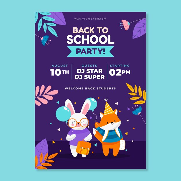Plantilla plana de póster de fiesta de regreso a la escuela con zorro y conejito