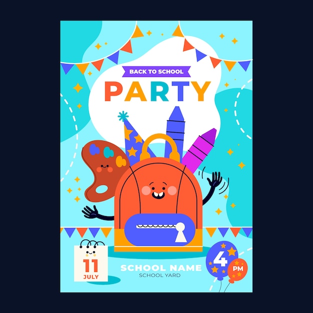 Vector gratuito plantilla plana de póster de fiesta de regreso a la escuela