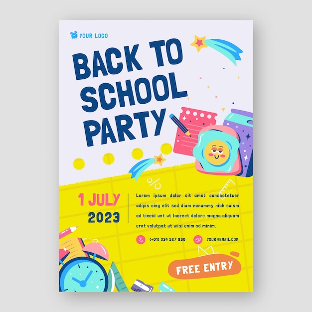 Vector gratuito plantilla plana de póster de fiesta de regreso a la escuela