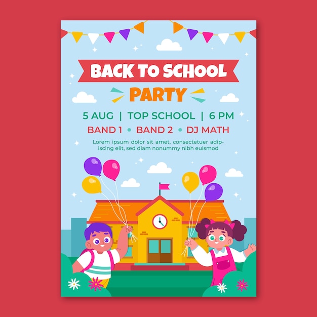 Plantilla plana de póster de fiesta de regreso a la escuela