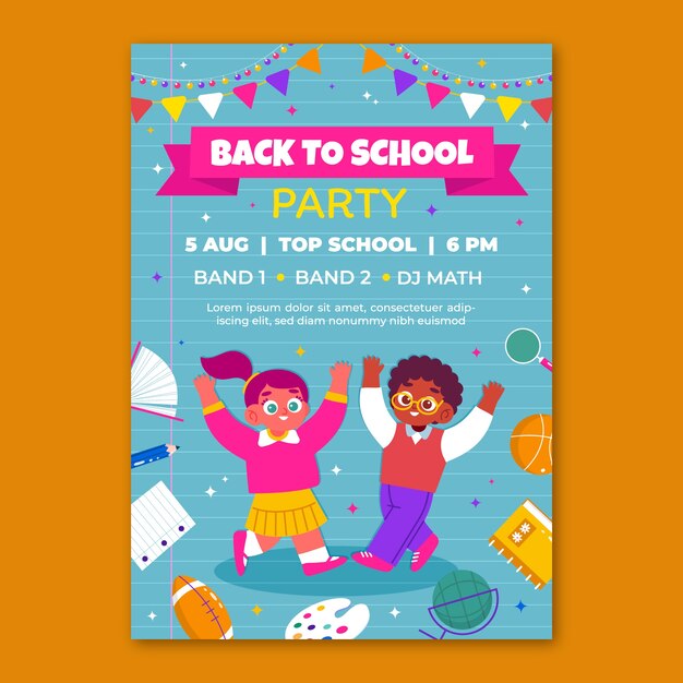 Plantilla plana de póster de fiesta de regreso a la escuela