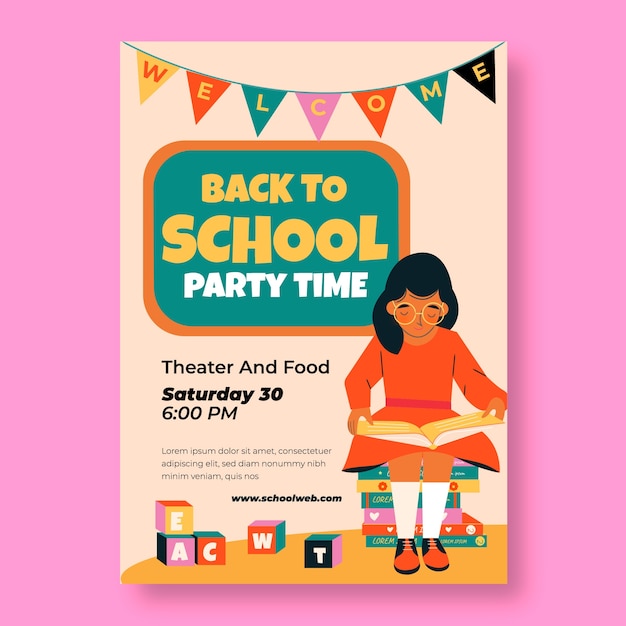 Vector gratuito plantilla plana de póster de fiesta de regreso a la escuela