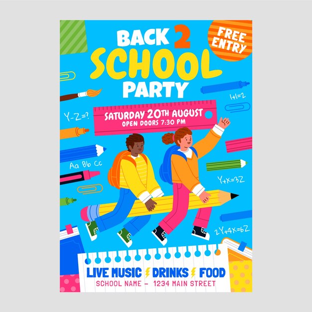 Plantilla plana de póster de fiesta de regreso a la escuela