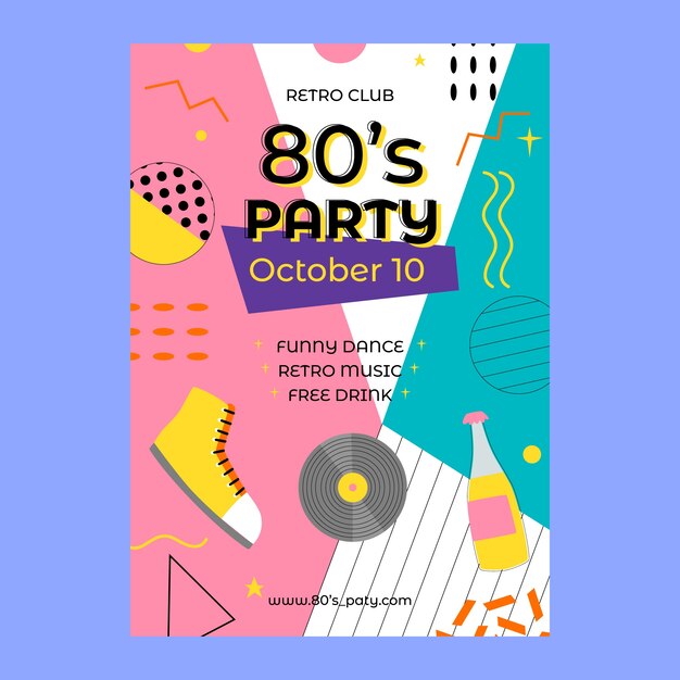 Plantilla plana de póster de fiesta temática de los 80